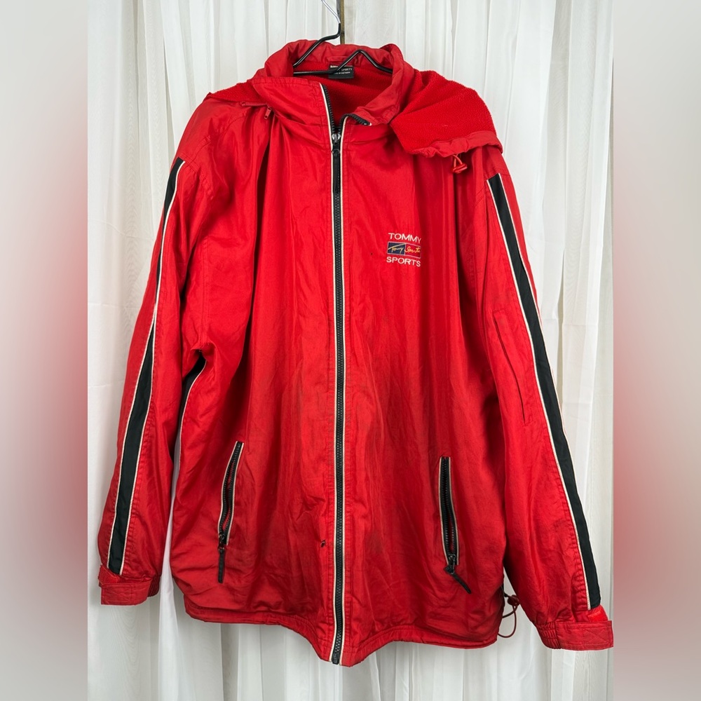 Vintage 90s Tommy Sports Windbreaker Jacket 2XL Red Hooded Zip Up Streetwear